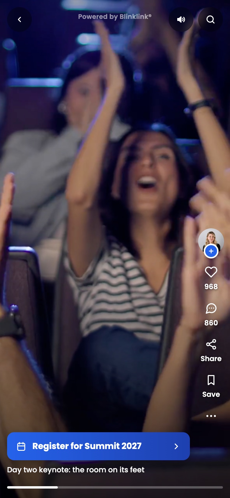 El keynote del día dos en un celular, con un llamado a la acción: Register for Summit 2027